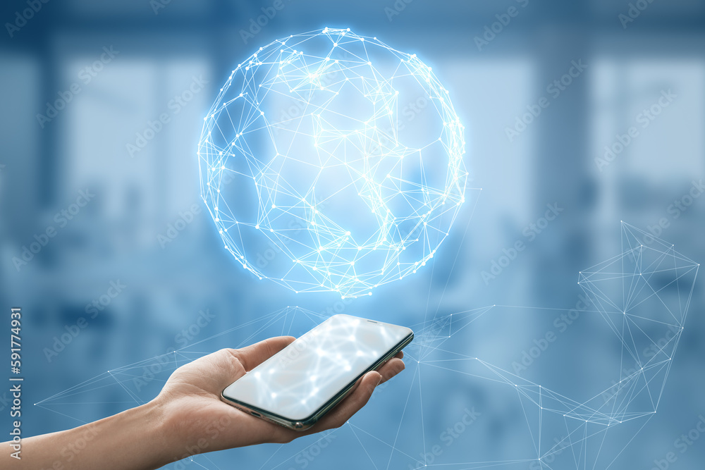Poster Close up of female hand holding mobile phone with glowing polygonal globe on blurry background. Futuristic technology wireframe mesh polygonal element. Connection Structure.