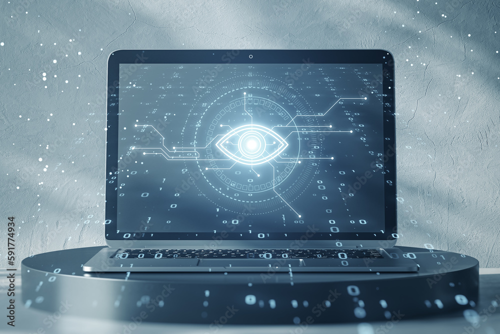 Poster Close up of laptop on pedestal with cyber spy technology hologram, virtual eye of internet control surveillance and digital invigilation background with coding. Double exposure.