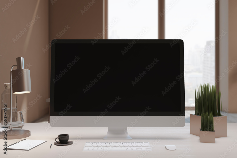 Poster Close up of designer office desktop with empty black computer monitor, window with city view, decorative items and supplies. Mock up, 3D Rendering.