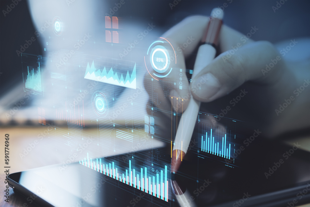 Poster Close up of male hand using digital pad with glowing digital business interface with charts on blurry office background. Infographic and big data concept. Double exposure.
