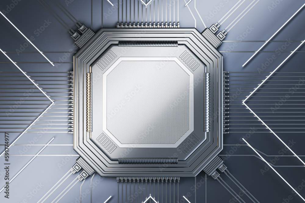 Poster Abstract empty silver chip on metal backdrop with lines. Mock up place. Technology and motherboard, computer and hardware concept. 3D Rendering.