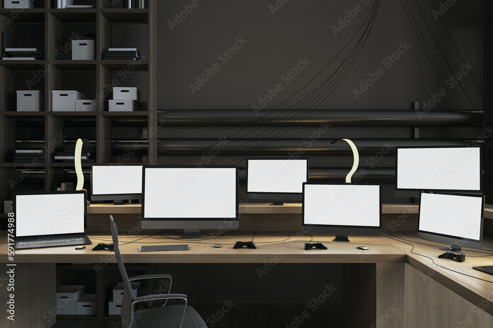 Poster Bright office interior with multiple empty white computer monitors on wooden desk. Gaming, work, hacking and bitcoin mining concept. Mock up, 3D Rendering.