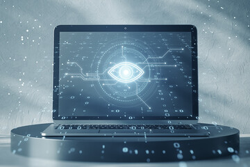 Close up of laptop on pedestal with cyber spy technology hologram, virtual eye of internet control surveillance and digital invigilation background with coding. Double exposure.