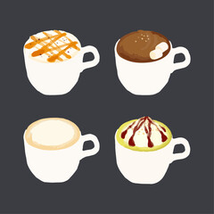 Set of coffee drinks for cafe or coffeehouse menu. Watercolor vector illustration