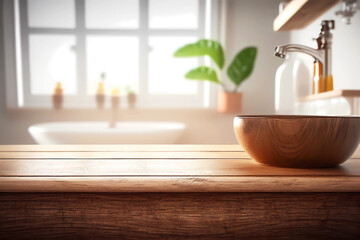 Empty wooden table and blurred modern bathroom for product placement. Generative ai.