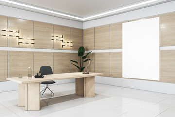 Modern light concrete and wooden office interior with clean white mock up poster, furniture, lamps and decorative items. 3D Rendering.
