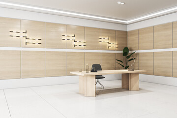 Modern light concrete and wooden office interior with furniture, lamps and decorative items. 3D Rendering.