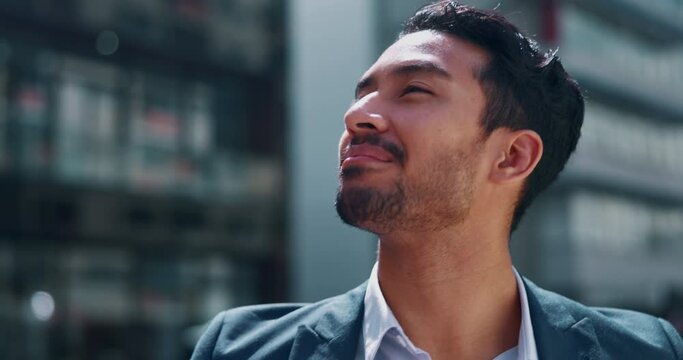 Business, opportunity and professional with man in city for thinking, vision and commute. Executive, urban and corporate with male employee in Singapore town for inspiration, contemplating and view