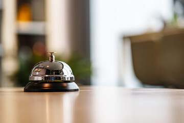 Luxury Hotel Reception Counter desk with Silver Service bell, Сheck in hotel.