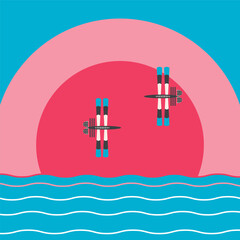 Dragonflies flying above the surface of the water. Stylized insects in the form of simple geometric shapes. The concept of a banner, postcard, poster for printing. Sunset or sunrise over the sea.