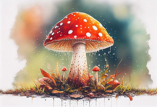 Watercolor fly agaric mushroom illustration. Generative AI