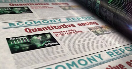 Quantitative easing inflation crisis and monetary policy daily news newspaper roll printing. Abstract concept retro headlines 3d seamless looped.