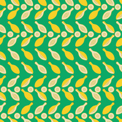 Seamless pattern with Crookneck Yellow Squash. Summer squash. Cucurbita pepo. Cucurbitaceae. Fruit and vegetables. Flat style. Vector illustration isolated on green-teal background.