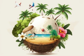  tropical beach with palm trees, flowers, and a colorful egg in the foreground. Generative AI