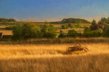 Digital painting of an antique hay rake in a farmers field at sunset.