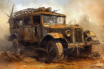 A burned-out vehicle, once used for transportation. generative AI