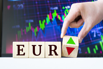 A hand rotates a wooden cube to indicate the fall or rise of the EUR
