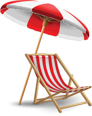 White and red striped sun lounger and beach umbrella. Highly realistic illustration. - obrazy, fototapety, plakaty