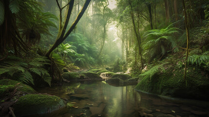 Fototapeta na wymiar Mossy forest and stream in the rainforest , Generative AI