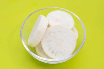 Sliced Japanese daikon. Fresh vegetables