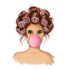 Red Hair Girl With Bubble Gum Background Hand Drawn Illustration