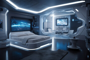 A hight tec futuristic bedroom with sleek furniture. generative AI