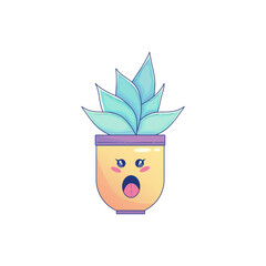 Cute Kawaii Cactus in pot with face. Cute pastel succulent kawaii smaile. Cactus character in pot. Vector graphic illustration.