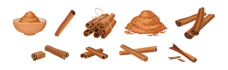 Cinnamon Dried Sticks or Bark Strips Vector Set