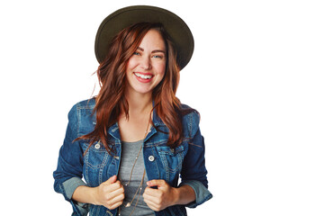 Woman, portrait or fashion clothes with hat on an isolated and transparent png background in cool brand. Smile, gen z or model and denim jacket, trendy or clothing