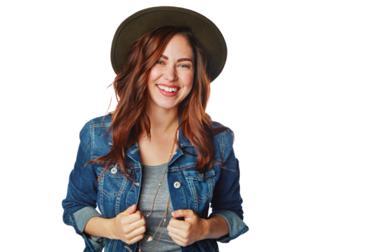 Woman, portrait or fashion clothes with hat on an isolated and transparent png background in cool brand. Smile, gen z or model and denim jacket, trendy or clothing