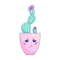 Cute Kawaii Cactus in pot with face. Cute pastel succulent kawaii smaile. Cactus character in pot. Vector graphic illustration.