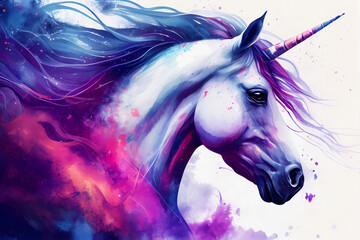 Watercolor unicorn with nebula dust background. Generative ai design.
