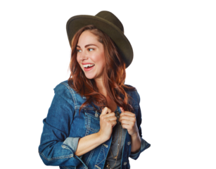 Happy woman, fashion clothes or hat on an isolated and transparent png background in cool trend or funky brand. Smile, gen z or model with denim jacket or clothing