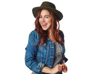 Woman, smile in portrait with energy and excited with trendy, hipster style on an isolated and transparent png background. Fashion model, happy girl and edgy with fedora and lifestyle