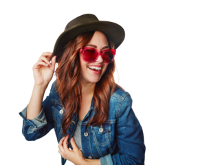 Happy, young and woman in gen z fashion with trendy sunglasses and excited smile for style on an isolated and transparent png background. Happiness, cool and fashionista person smiling