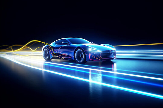 Racing car in neon colors in motion. Street racing. Art. 