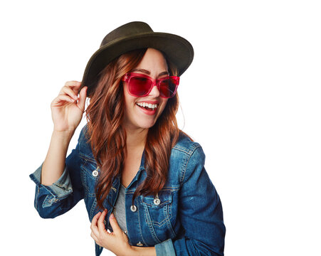 Happy, young and woman in gen z fashion with trendy sunglasses and excited smile for style on an isolated and transparent png background. Happiness, cool and fashionista person smiling