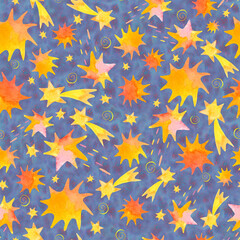 Watercolor stars pattern. Endless cute hand drawn yellow and orange stars texture in cartoon style on dark blue background. Print for textile, bedding, wrapping paper, scrapbook, nursery decor.