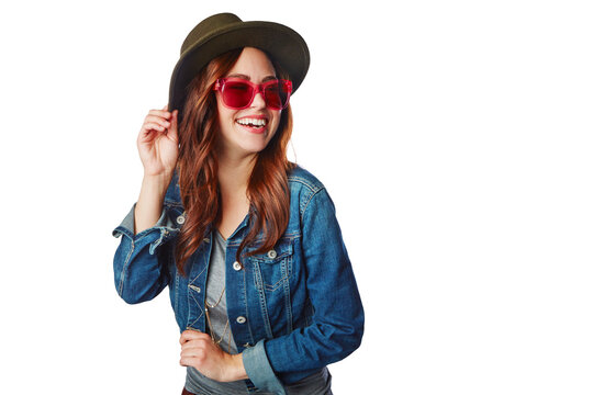 Happy, gen z and youth girl fashion with trendy style, sunglasses and excited smile on an isolated and transparent png background. Happiness, cool and young fashionista model