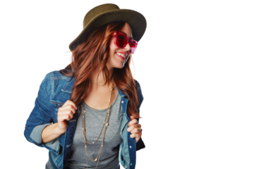 Fashion, trendy and happy woman with casual, stylish and funky outfit and accessories on isolated, transparent png background. Happiness, smile and female model with hat, sunglasses and edgy clothes