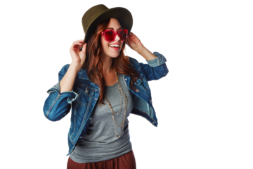 Thinking, fashion and girl youth happy with trendy style and sunglasses with smile on an isolated and transparent png background. Happiness, gen z and young fashionista model