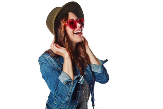 Fashion, youth and trendy woman laugh with cool sunglasses and style with smile on an isolated and transparent png background. Happy, gen z and young fashionista model