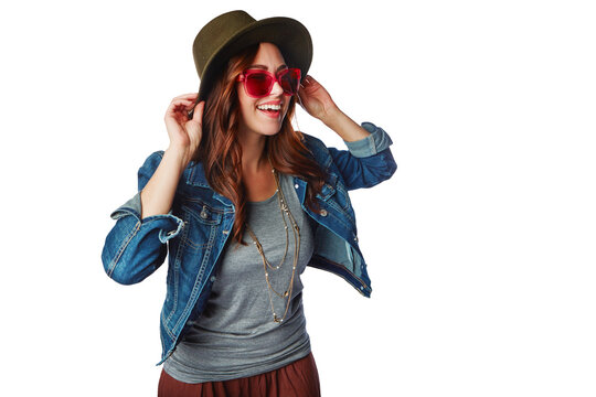 Thinking, fashion and girl youth happy with trendy style and sunglasses with smile on an isolated and transparent png background. Happiness, gen z and young fashionista model