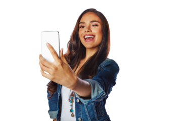 Happy woman, fashion and selfie on an isolated and transparent png background for social media, profile picture or video call. Model, influencer and photography in blogging