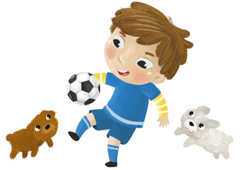 cartoon scene with kid playing running sport ball soccer football - illustration for children