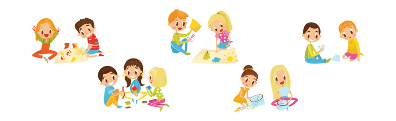 Kids Engaged in Handicraft Doing Handmade Creative Things Vector Set
