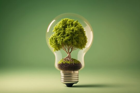 Light bulb with green tree inside, Sustainable, ecology, renewable energy and recycling