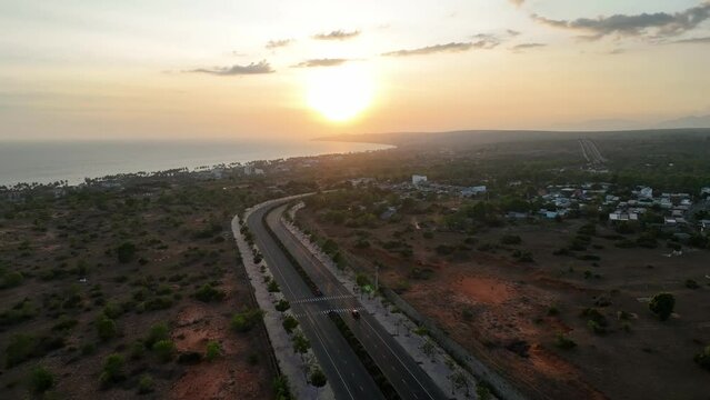 Video shooting from the copter of the road at sunset