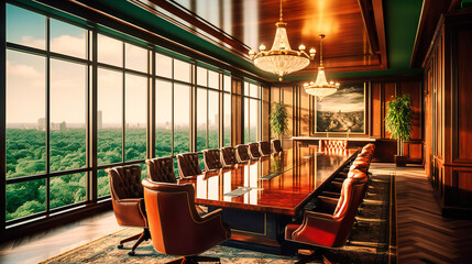 A captivating image of a lavish boardroom, blending refined design elements with an impressive cityscape backdrop