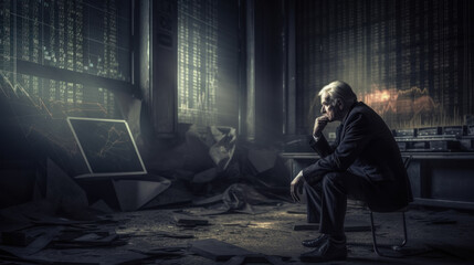 Businessman panics over falling stock market quotes, inflation and business failure created with generative AI technology